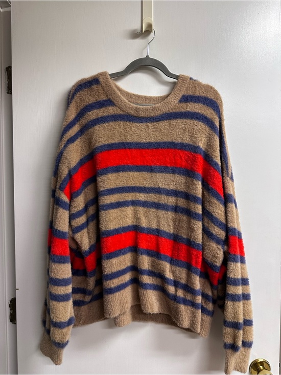 aerie Sweaters - aerie Fuzzy Stripe Sweater in Camel & Navy